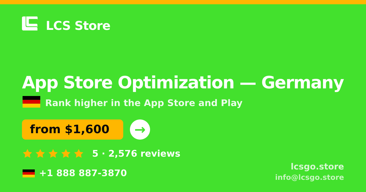 App Store Optimization in Germany — from $1,600/mo, rated 5/5 by 2576 clients. LCS Store.
