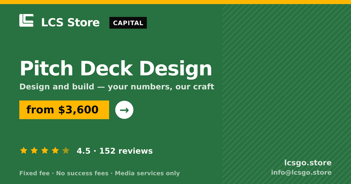 Pitch Deck Design — from $3,600, rated 4.5/5 across 152 reviews. LCS Store.